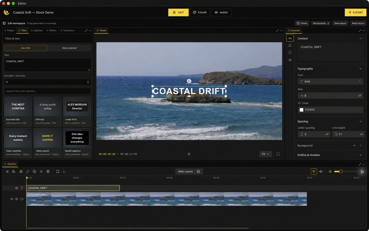 Editor’s Edit workspace with title styles, a coastal video preview, inspector, and multitrack timeline